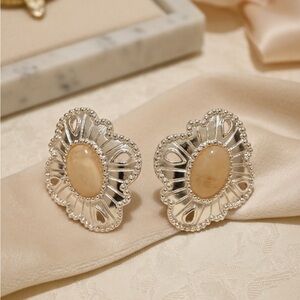 Vintage AVON Silver Tone Peach Color Faux Gemstone Earrings